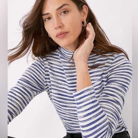 NWT Ann Taylor Large Sweater Top Sweatshirt Gray Black Tweed Stripe Funnel Neck - Picture 3 of 8